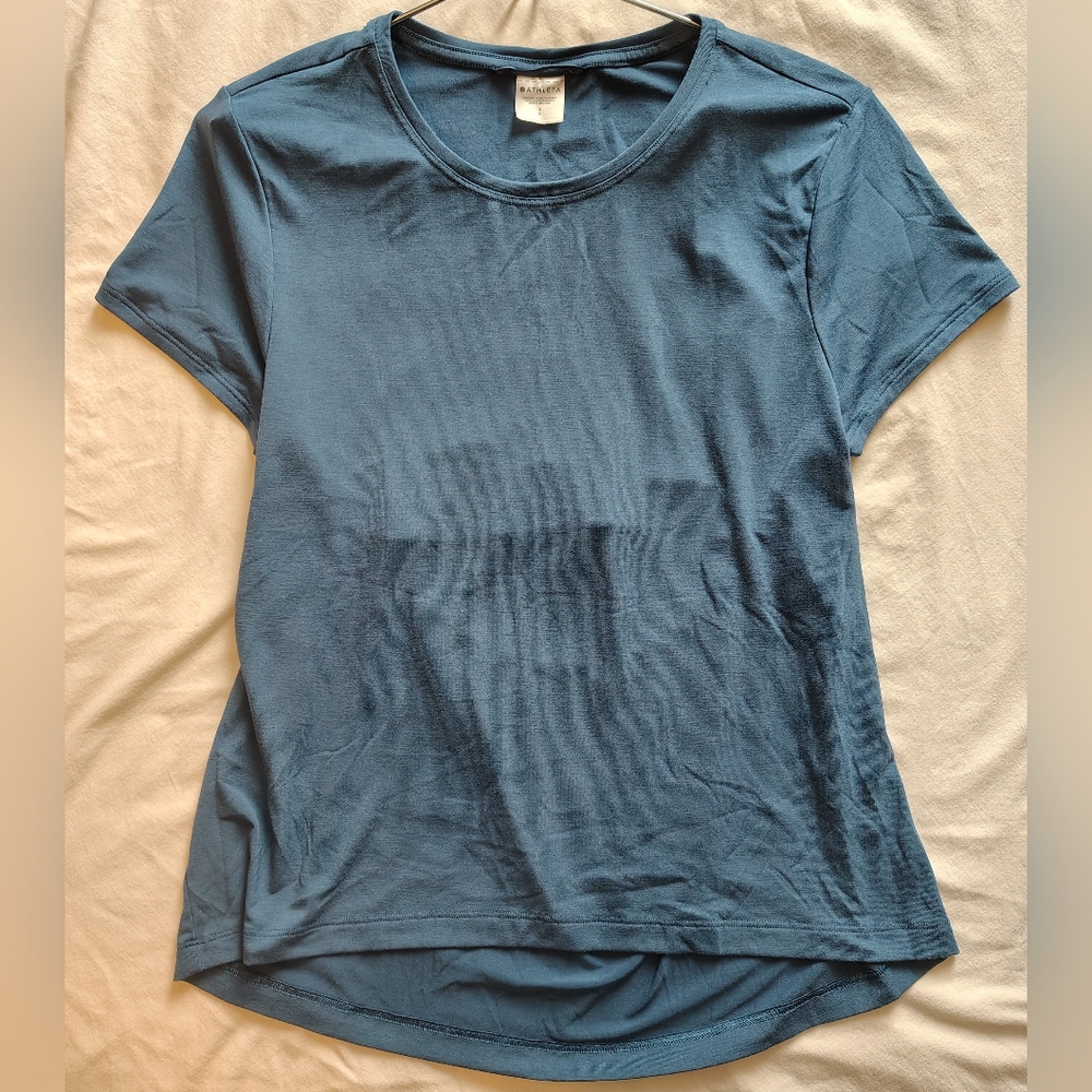 Athleta Air Out Cinch Tee Blue S/S Scoop Neck Elastic Cut-Out Back Women's Small